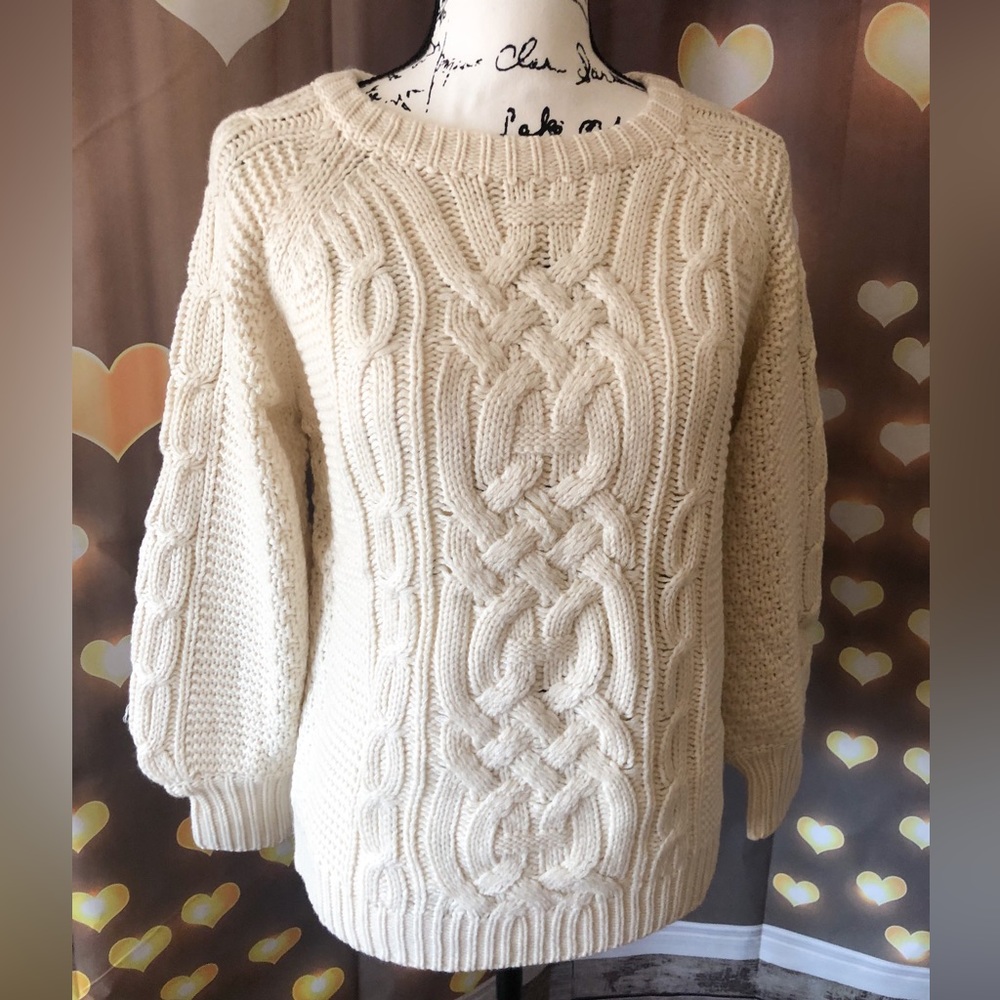 Sweater cable knit lantern sleeve cream beige womens long sleeve top - Picture 6 of 10